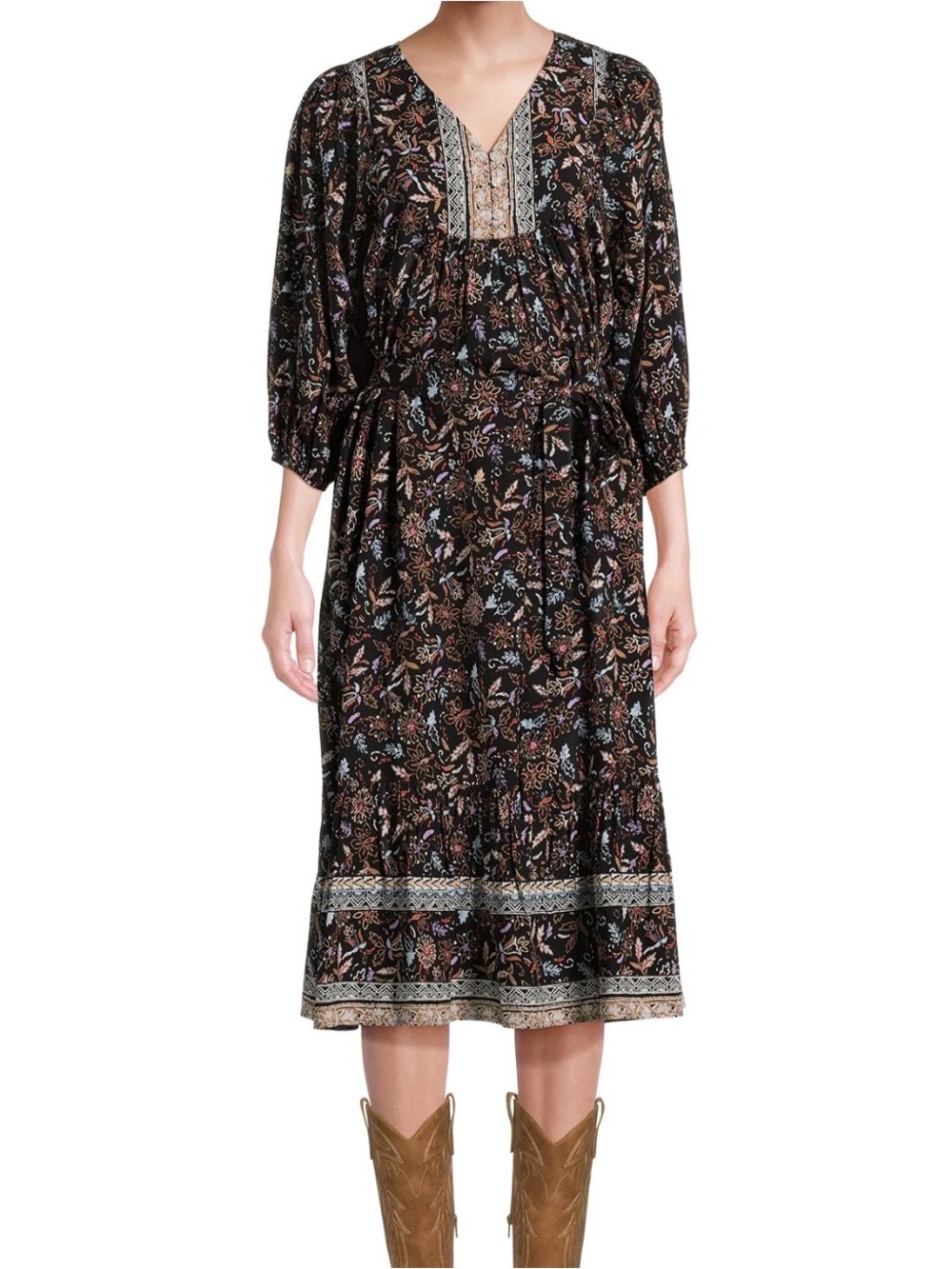 Beachlunchlounge Dark Floral Bohemian Cottagecore Belted V Neck Midi Dress Sz XL